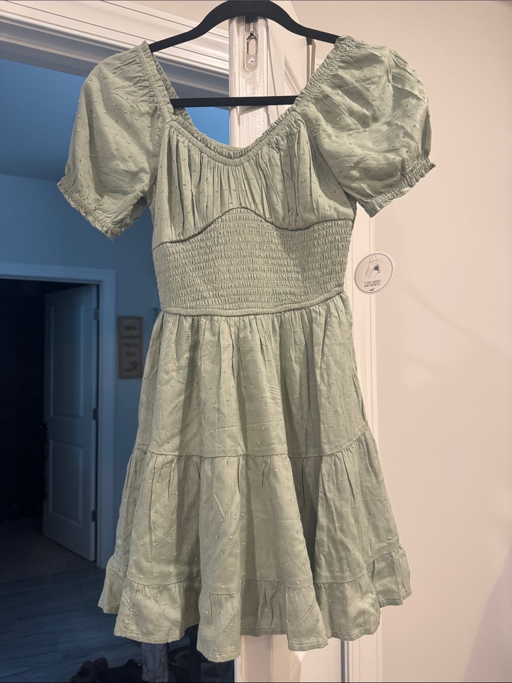 Hollister Sage Green Puff-Sleeve Smocked Mini Dress